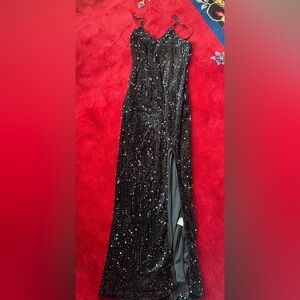 Long Stretch Velvet Sequin Black Dress With Side Slit Size M